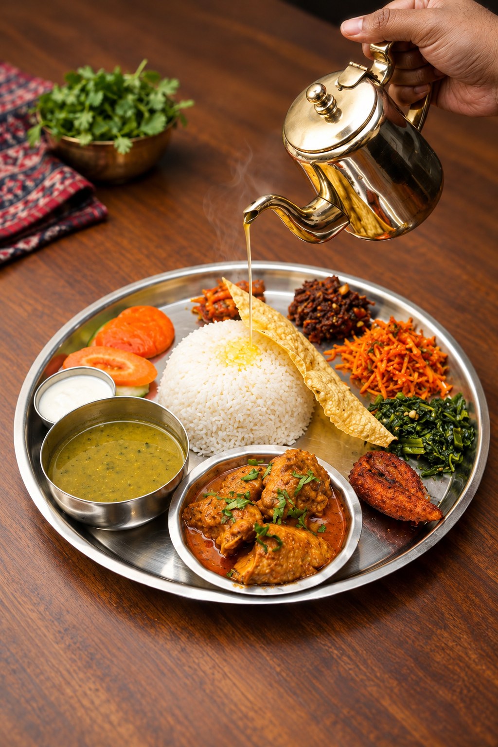Chicken Thali with ghee being poured at Mustang Thakali